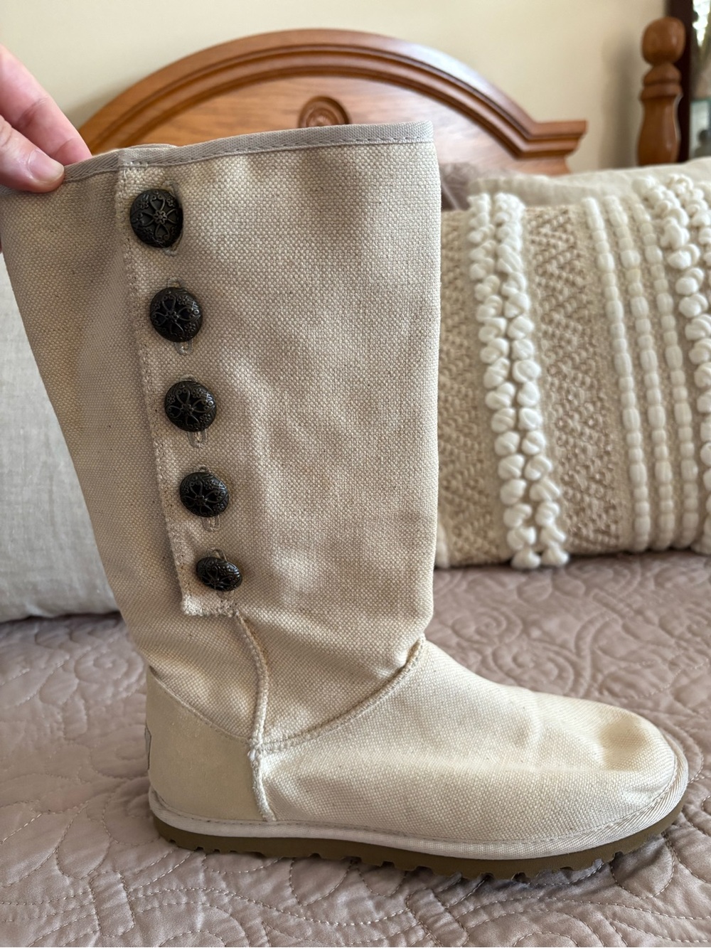 UGG Australia Tall Boots Beige Cream Canvas Suede Casual Winter Boots